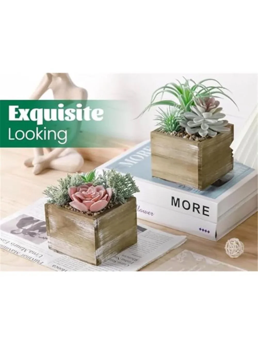 Artificial Cactus Succulent Plants Wood Planter Faux Desk Home Decor Set of 2